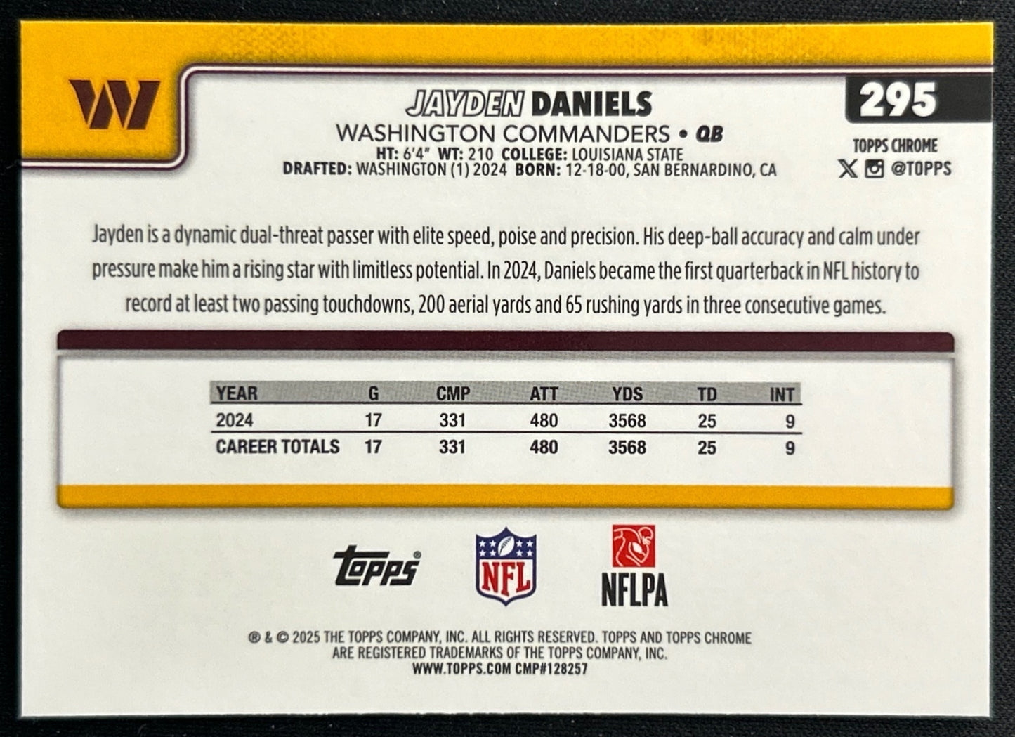 Jayden Daniels 2025 Topps Chrome Commanders Sports Trading Cards