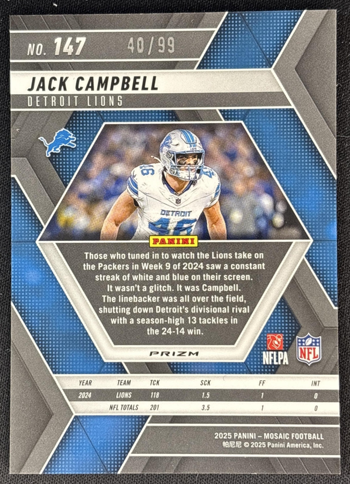 Jack Campbell 2025 Panini Mosaic No Huddle Blue Prizm /99 Lions Sports Trading Card