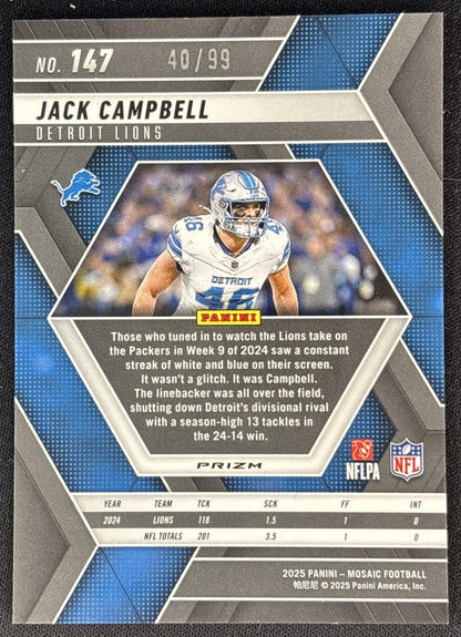 Jack Campbell 2025 Panini Mosaic No Huddle Blue Prizm /99 Lions Sports Trading Card