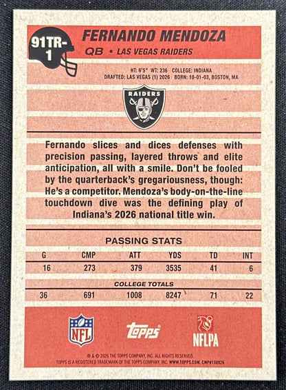 Fernando Mendoza 2026 Topps Flagship 1991 Rookie Raiders