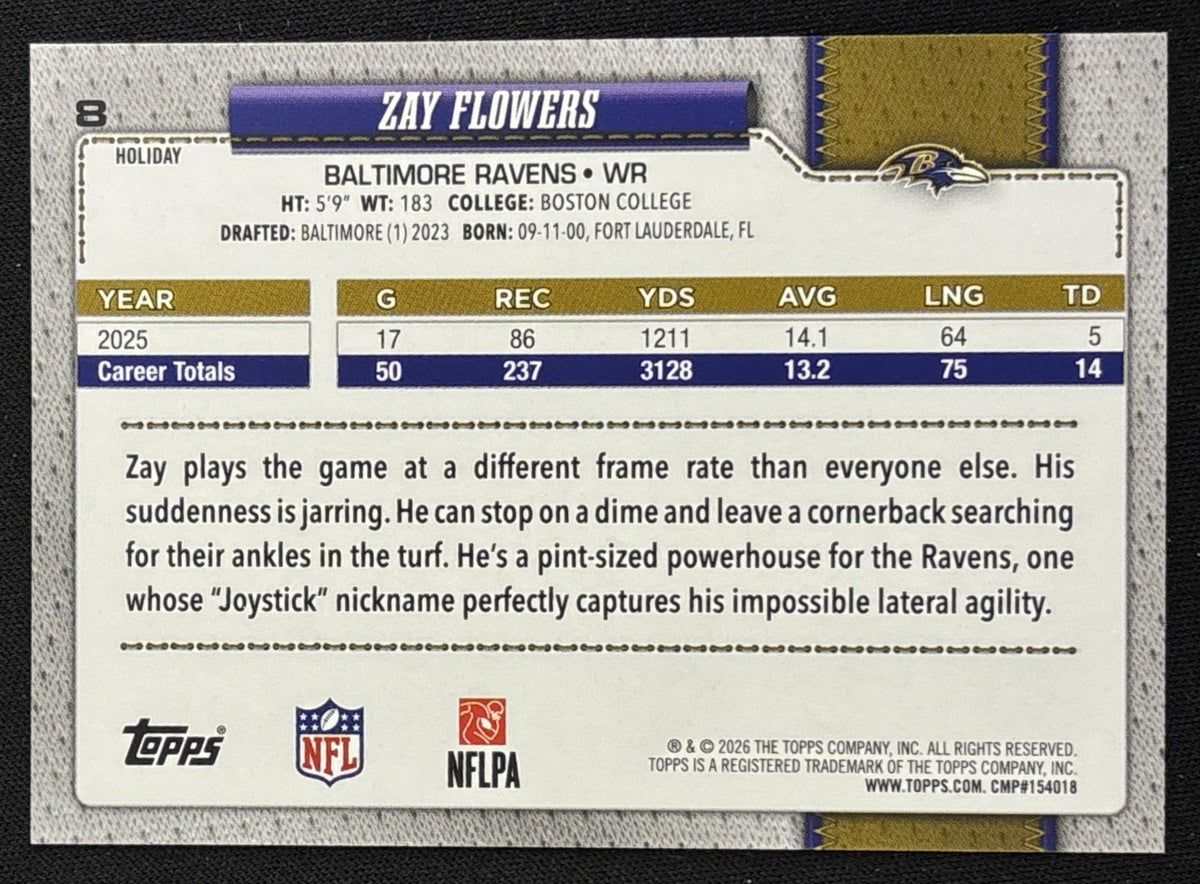 Zay Flowers 2026 Topps Holiday Blue Metallic Glitter Ravens - back