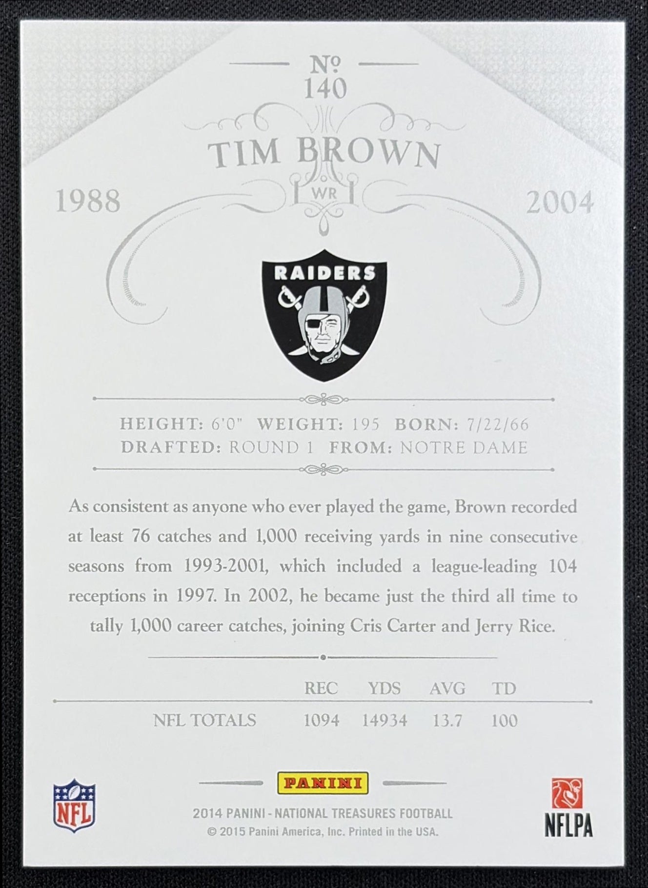 Tim Brown 2014 Panini National Treasures /99 Raiders