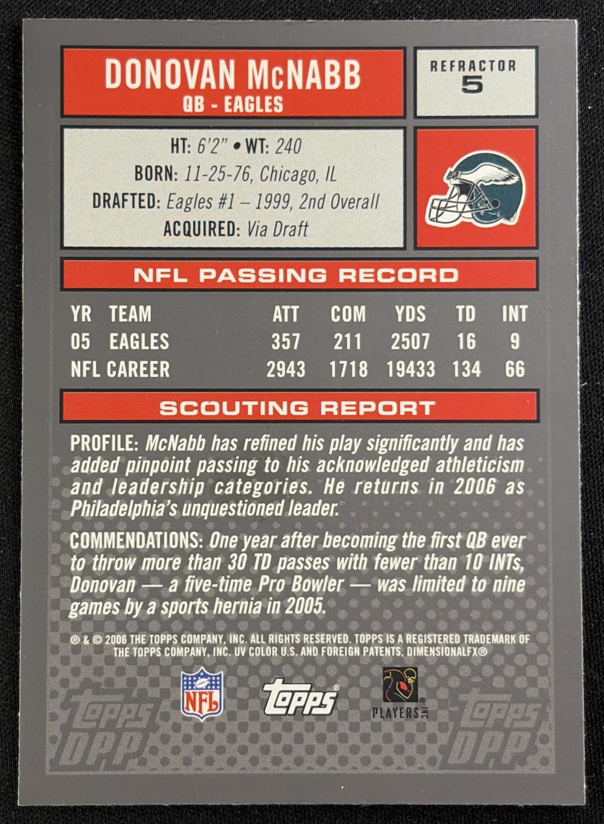 Donovan McNabb 2006 Topps Draft Picks & Prospects Refractor Eagles - Back