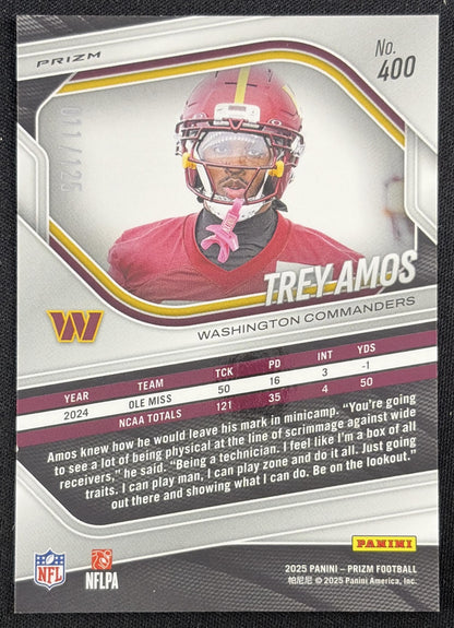 Trey Amos 2025 Panini Prizm Purple /125 Commanders