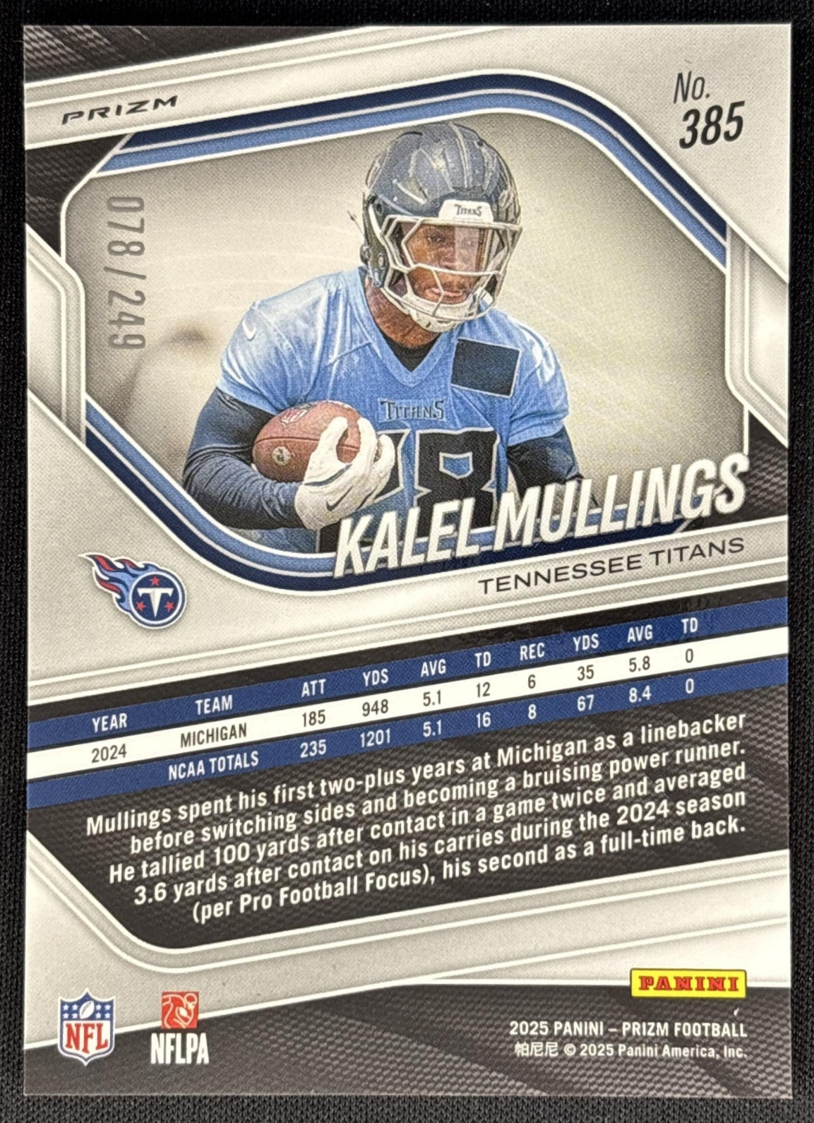Kalel Mullings 2025 Panini Prizm Orange /249 Titans Sports Trading Cards