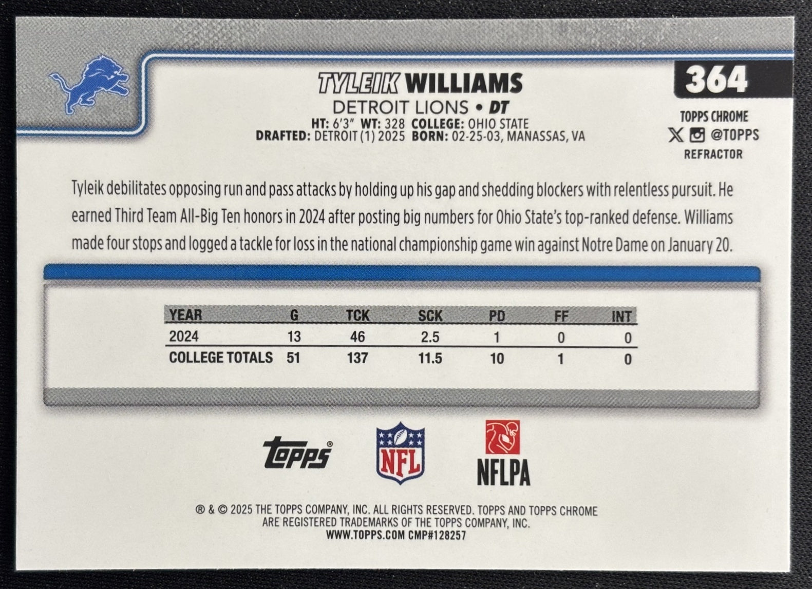 Tyleik Williams 2025 Topps Chrome Rookie Refractor Lions Sports Trading Cards