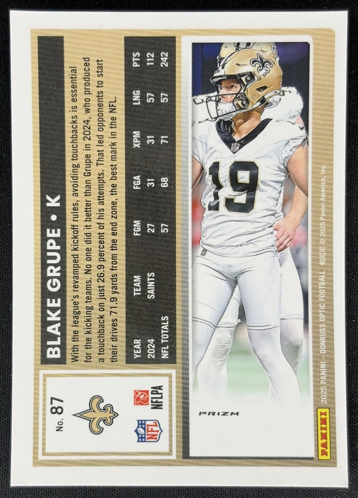 Blake Grupe 2025 Panini Donruss Optic Stars Prizm Saints Football