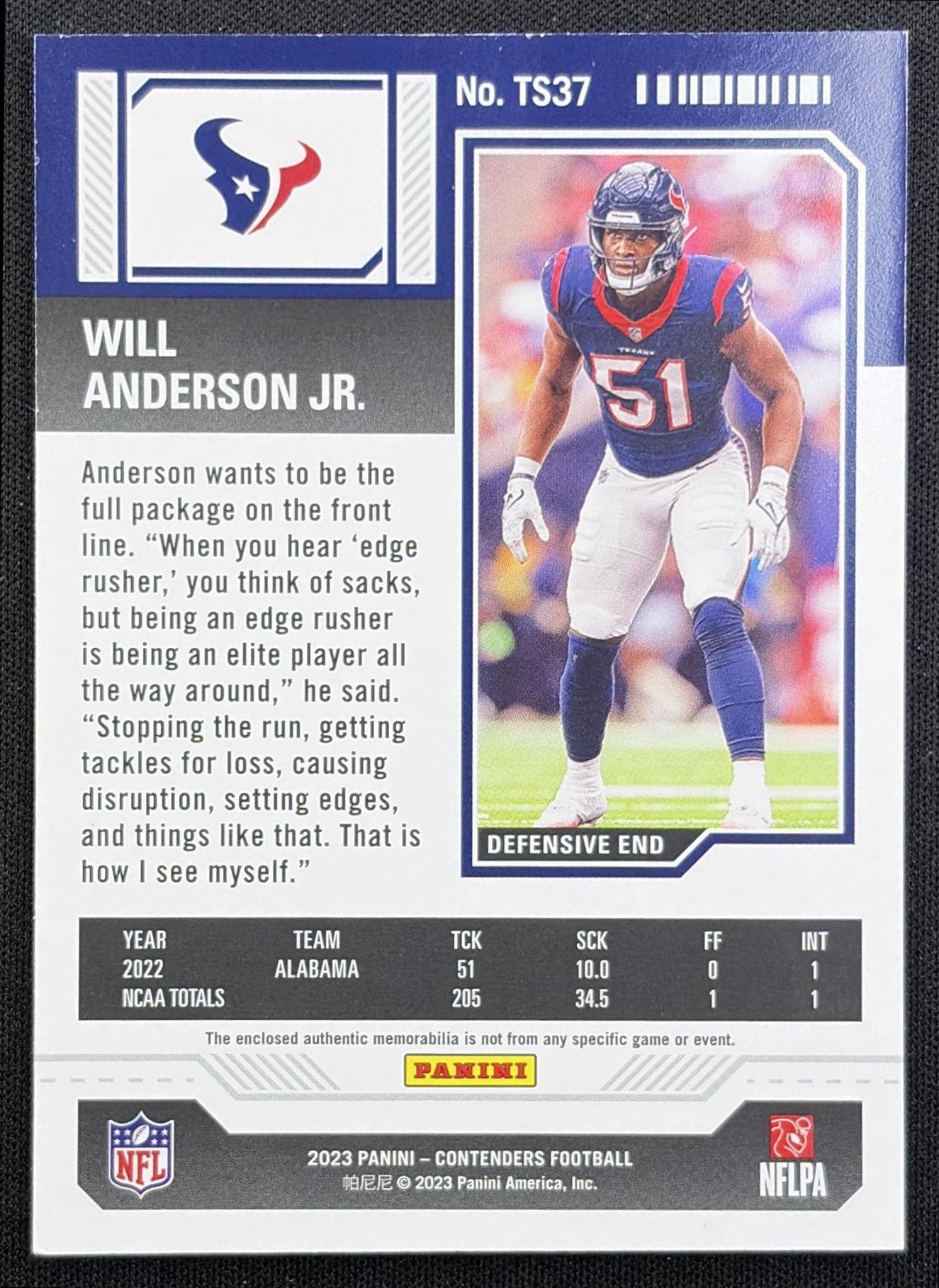 Will Anderson Jr. 2023 Panini Contenders Rookie Ticket Swatches Texans