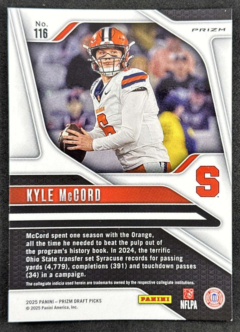 Kyle McCord 2025 Panini Prizm Draft Picks Red Ice Orange Eagles - Back