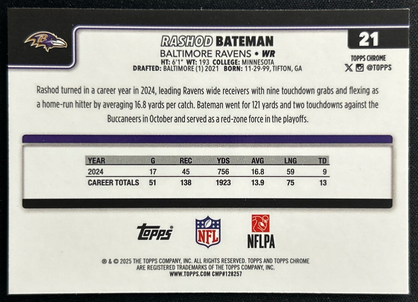 Rashod Bateman 2025 Topps Chrome Ravens Sports Trading Cards
