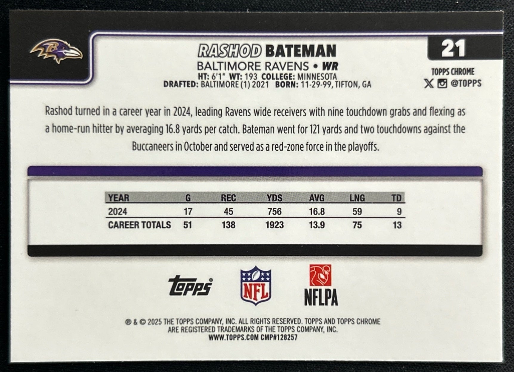 Rashod Bateman 2025 Topps Chrome Ravens Sports Trading Cards