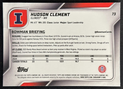 Hudson Clement 2025 Chrome University Prospects Purple Shimmer Refractor /75 Fighting Illini - Back | Wayne Collection