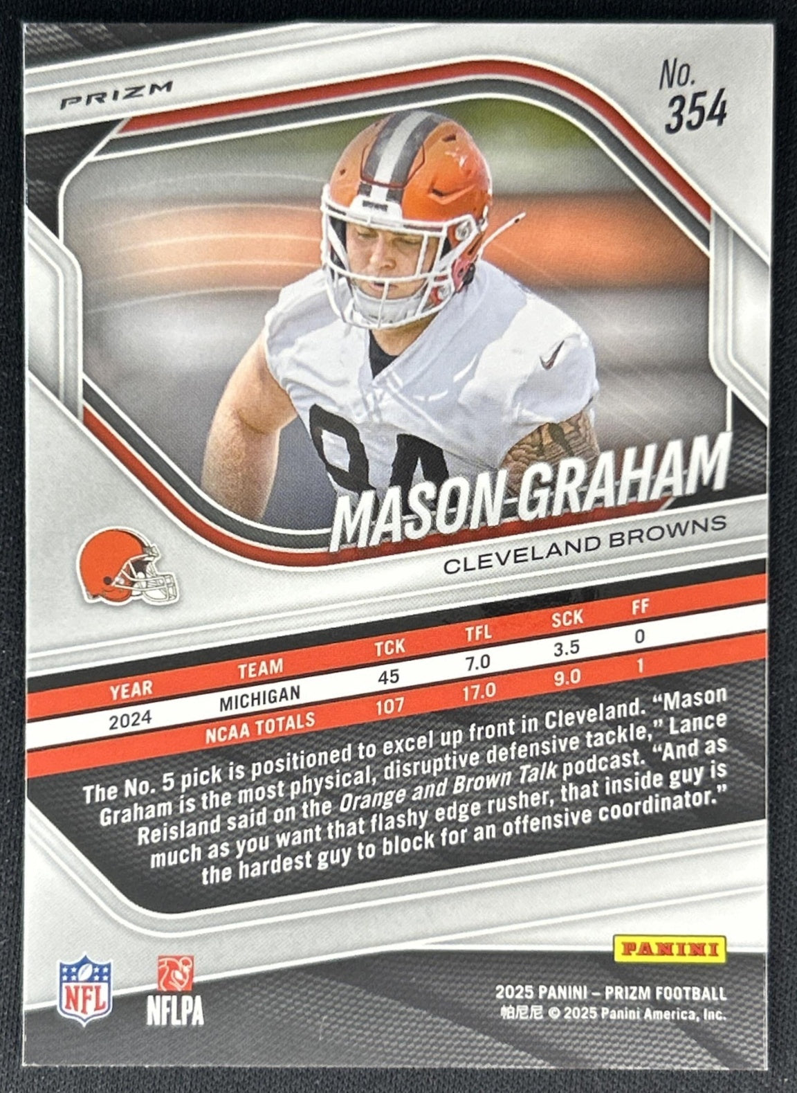 Mason Graham 2025 Panini Prizm Orange Ice Browns Back