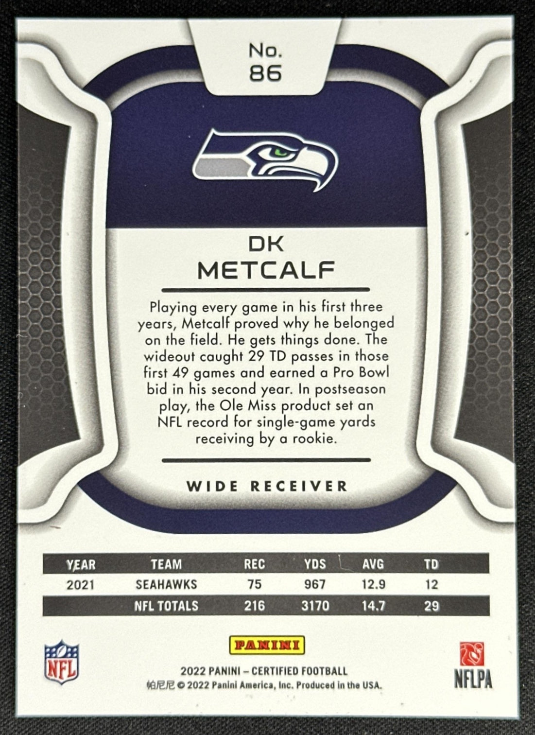DK Metcalf 2022 Panini Certified Mirror Bronze /275 Seahawks