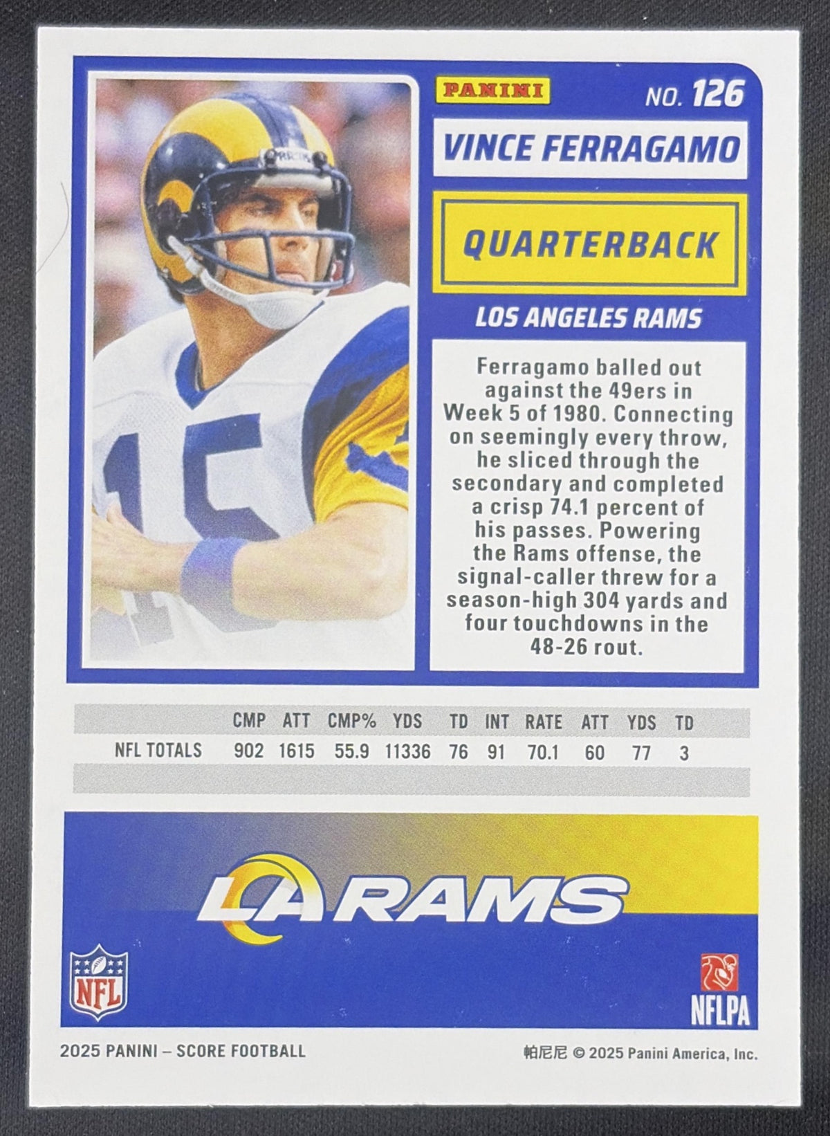 Vince Ferragamo 2025 Panini Score Lava /799 Rams Sports Trading Card