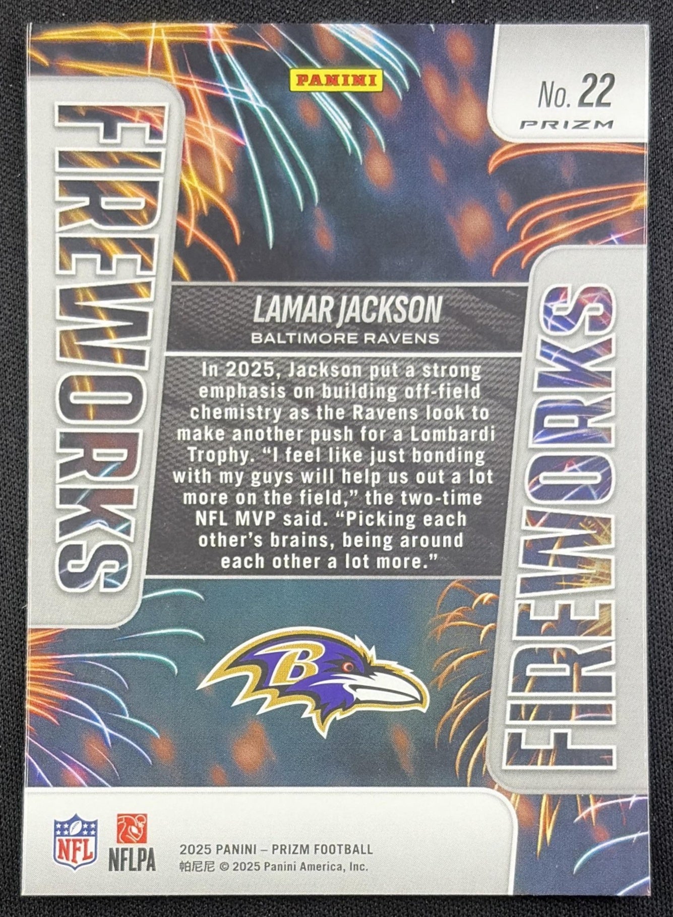 Lamar Jackson 2025 Panini Prizm Fireworks No Huddle Ravens Baltimore Ravens