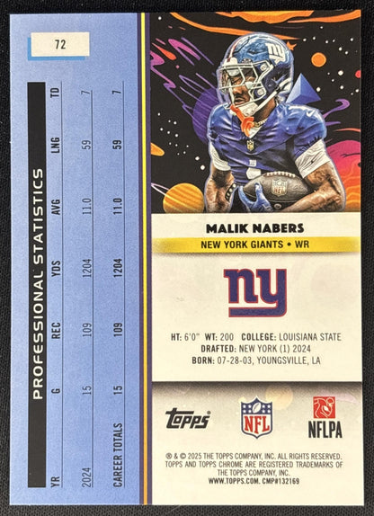 Malik Nabers 2025 Topps Cosmic Chrome Aqua Equinox Refractor /199 Giants back