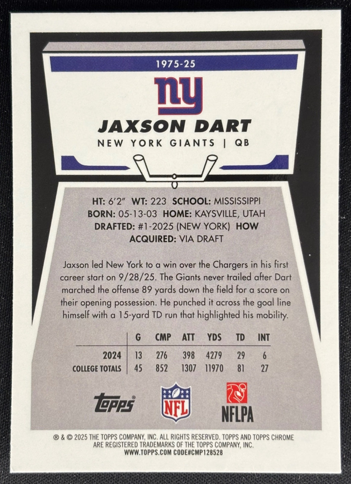 Jaxson Dart 2025 Topps Chrome 1975 Giants Sports Trading Cards