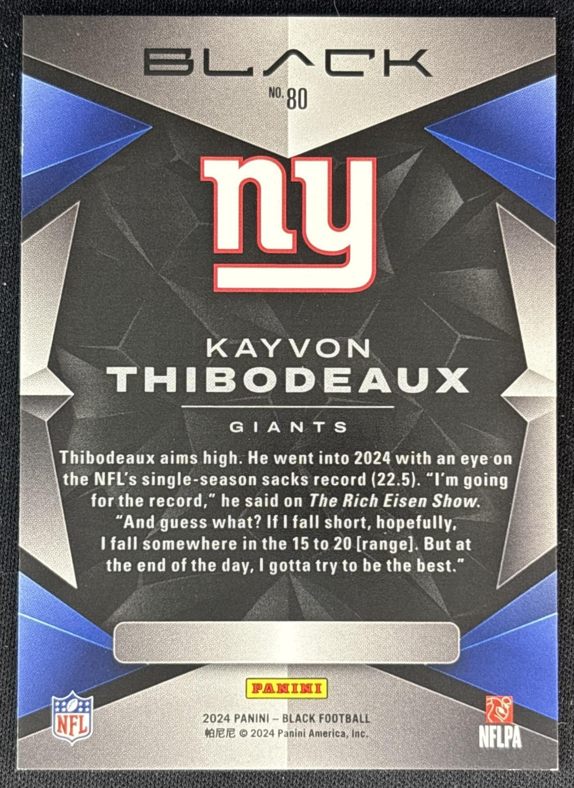 Kayvon Thibodeaux 2024 Panini Black Royal /75 Giants back