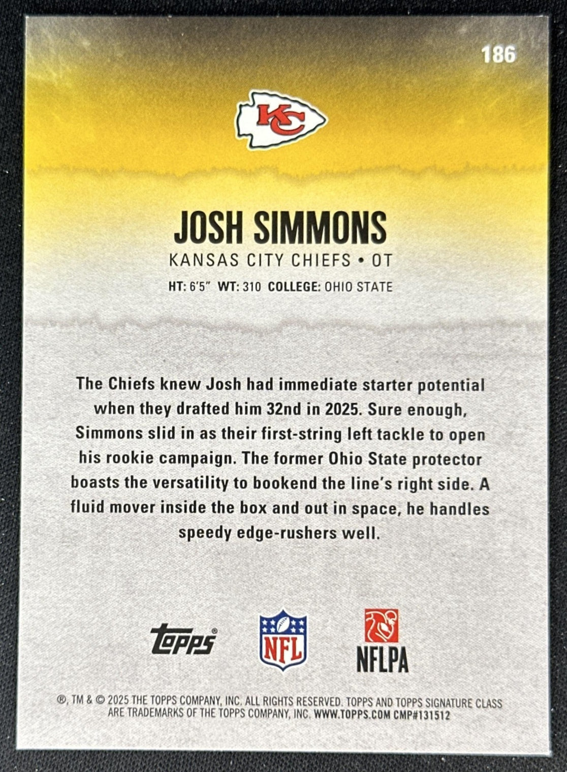 Josh Simmons 2025 Topps Signature Class Rookie Green & Purple Foil Chiefs back