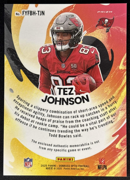Tez Johnson 2025 Donruss Optic First Year Fresh Blue Hyper Prizm Buccaneers Sports Trading Cards