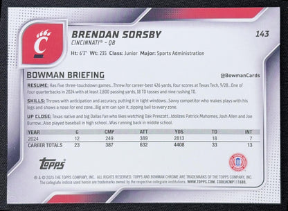 Brendan Sorsby 2025 Bowman Chrome University Prospects Yellow Mini-Diamond Refractor /350 Bearcats