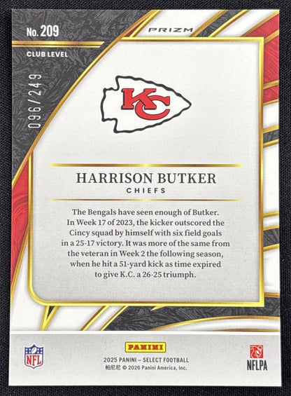 Harrison Butker 2025 Panini Select Club Level Tri-Color Prizm /249 Chiefs