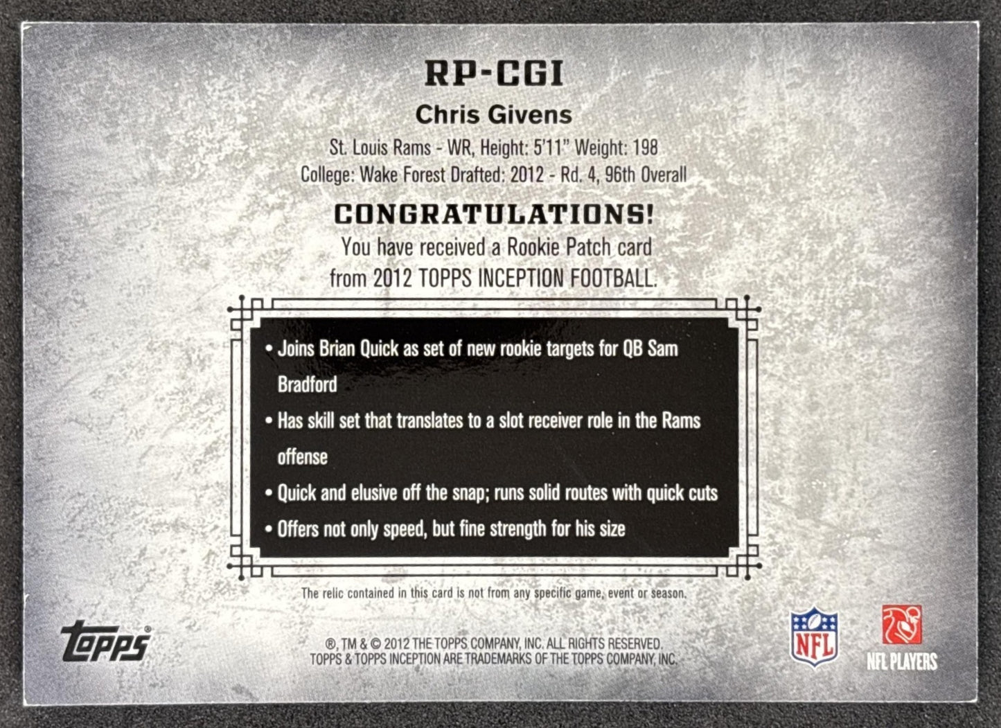 Chris Givens 2012 Topps Inception Rookie Relics Patch Blue /75 Rams