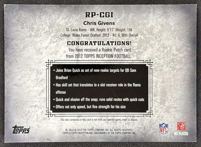 Chris Givens 2012 Topps Inception Rookie Relics Patch Blue /75 Rams