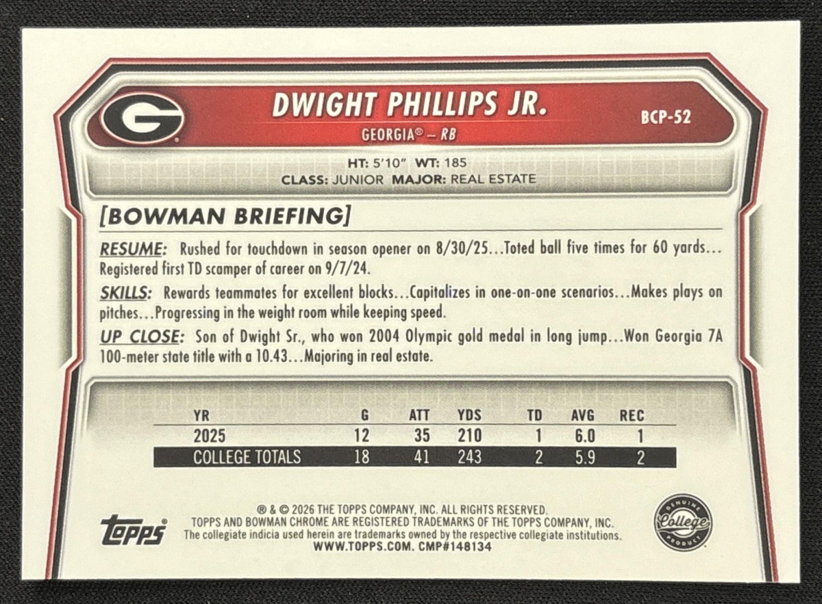 Dwight Phillips Jr. 2026 Bowman Chrome Prospects Aqua Refractor /199 Bulldogs - Back