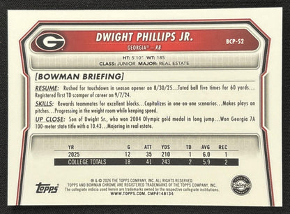 Dwight Phillips Jr. 2026 Bowman Chrome Prospects Aqua Refractor /199 Bulldogs - Back