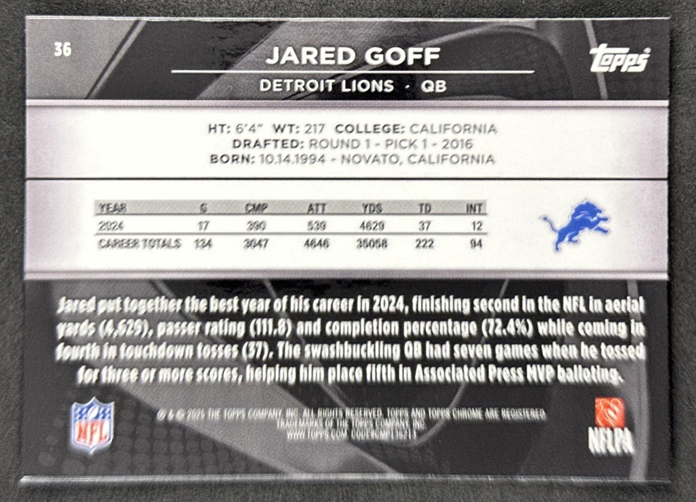 Jared Goff 2025 Topps Chrome Black Lions back