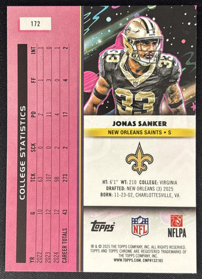 Jonas Sanker 2025 Topps Cosmic Chrome Aqua Equinox Refractor /199 Saints back