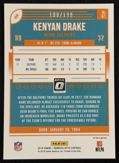 Back of Kenyan Drake 2018 Panini Donruss Optic Orange Prizm /199 Dolphins sports trading card