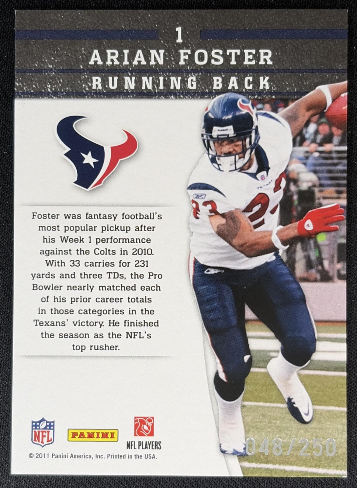 Arian Foster 2011 Panini Gridiron Gear Gamebreakers Silver /250 Texans