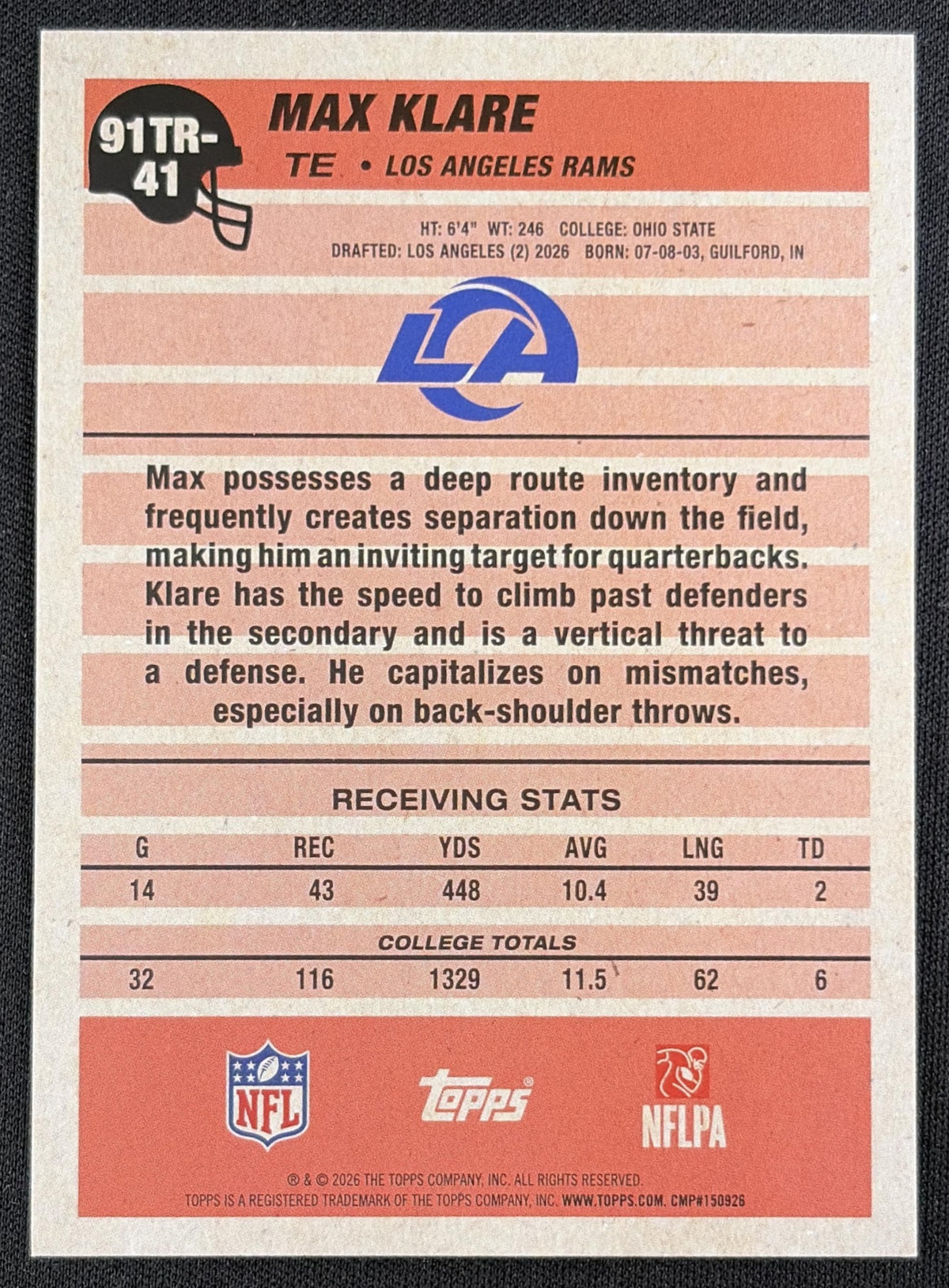 Max Klare 2026 Topps 1991 Rookie Crackle Foil Rams back