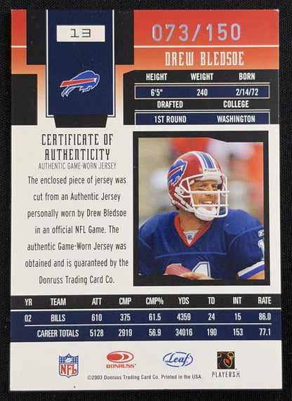 Drew Bledsoe 2003 Leaf Certified Materials Mirror Red /150 Bills Sports Trading Card