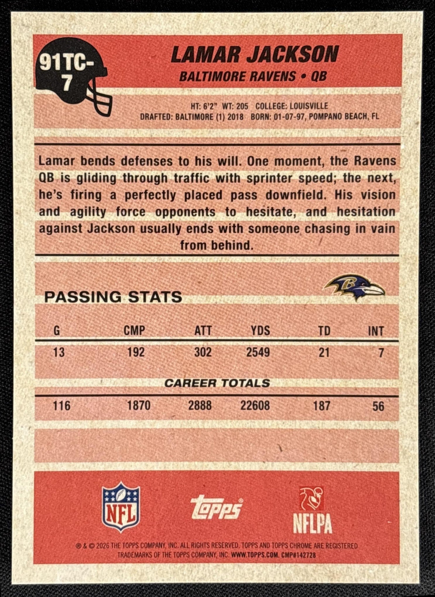 Lamar Jackson 2026 Topps 1991 Chrome Green Mojo Refractor /99 Ravens - back