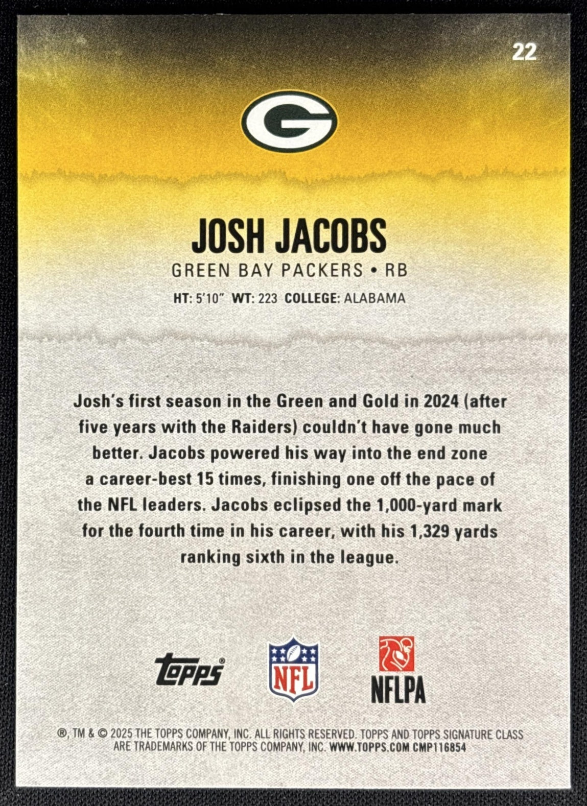 Josh Jacobs 2025 Topps Signature Class Veteran Blue & Yellow Foil Packers back