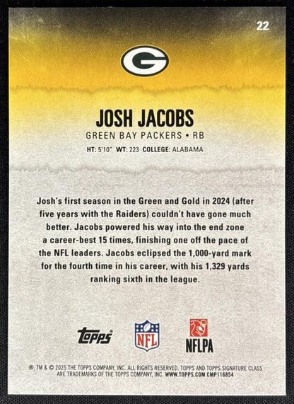 Josh Jacobs 2025 Topps Signature Class Veteran Blue & Yellow Foil Packers back