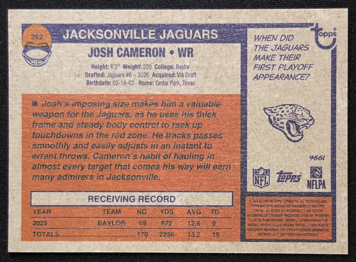 Josh Cameron 2026 Topps Heritage Chrome Pink Sparkle Jaguars