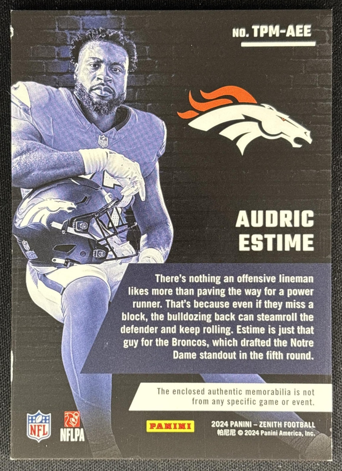 Audric Estime 2024 Panini Zenith Turning Pro Memorabilia Broncos Sports Trading Cards