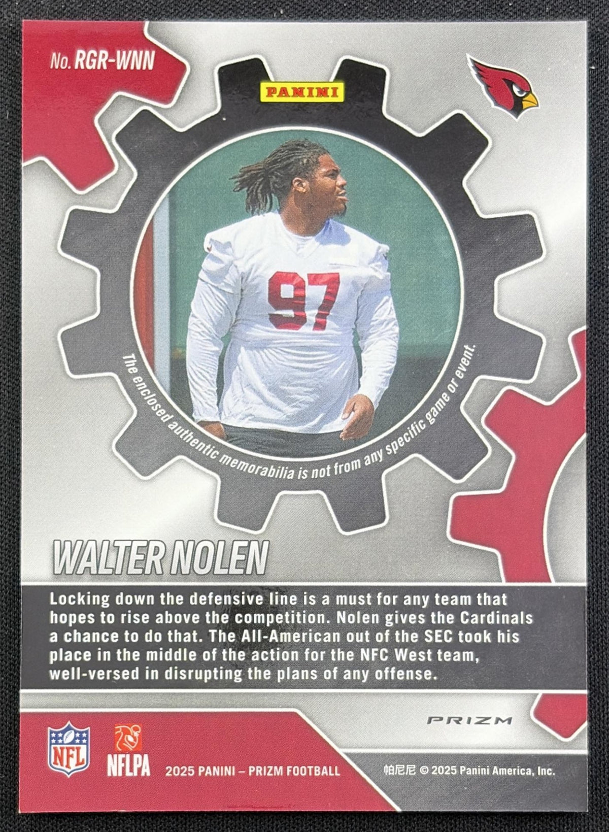 Walter Nolen 2025 Panini Prizm Rookie Gear Neon Green Pulsar Cardinals back