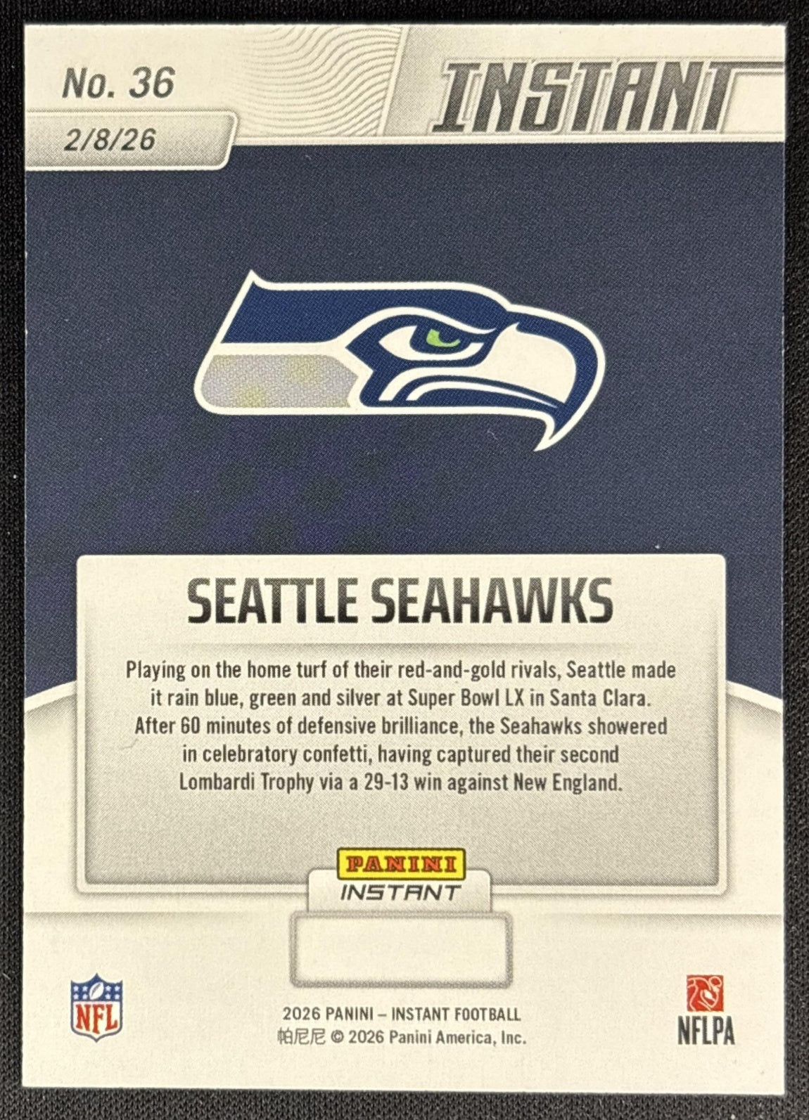 Seattle Seahawks 2025 Panini Instant NFL back