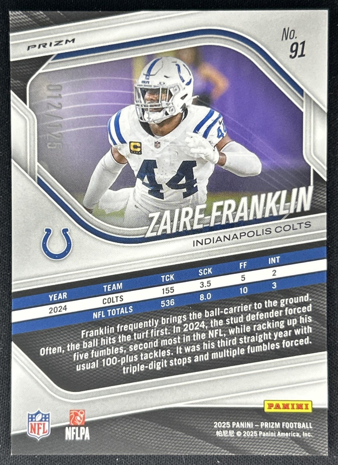 Zaire Franklin 2025 Panini Prizm Purple /125 Colts back