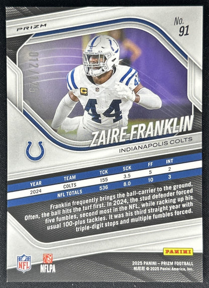 Zaire Franklin 2025 Panini Prizm Purple /125 Colts back