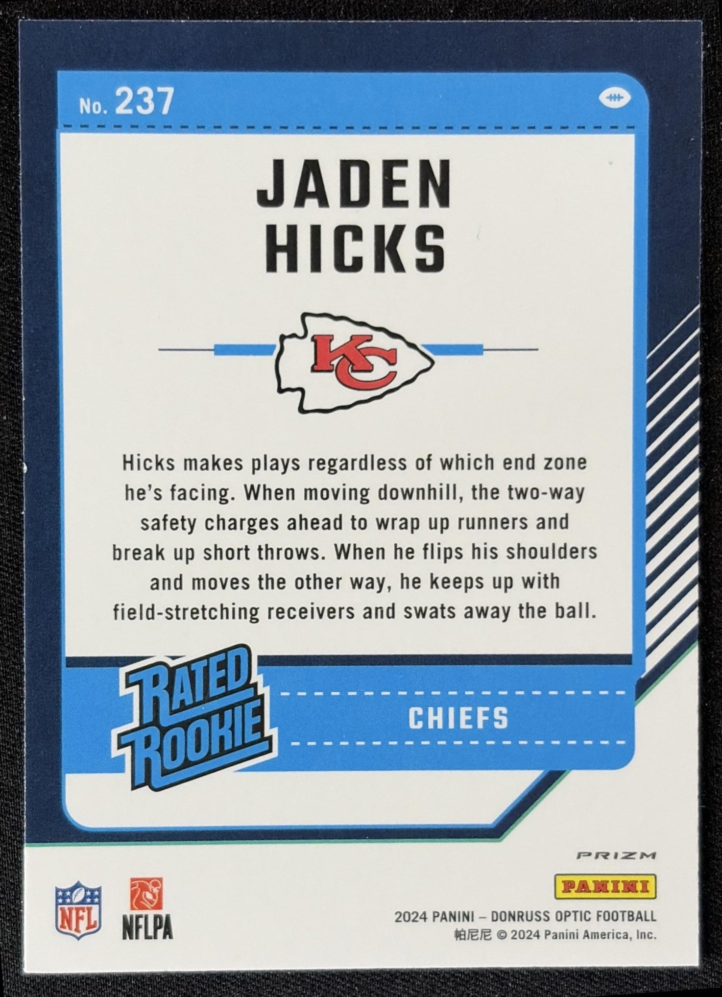 Jaden Hicks 2024 Panini Donruss Optic Green Velocity Chiefs back