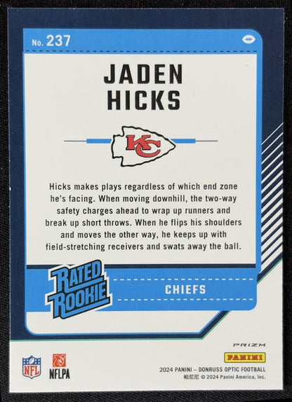 Jaden Hicks 2024 Panini Donruss Optic Green Velocity Chiefs back