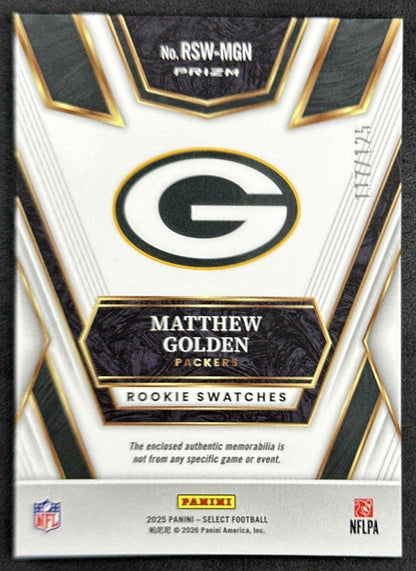 Matthew Golden 2025 Panini Select Rookie Swatches Silver Prizm /125 Packers Sports Trading Cards