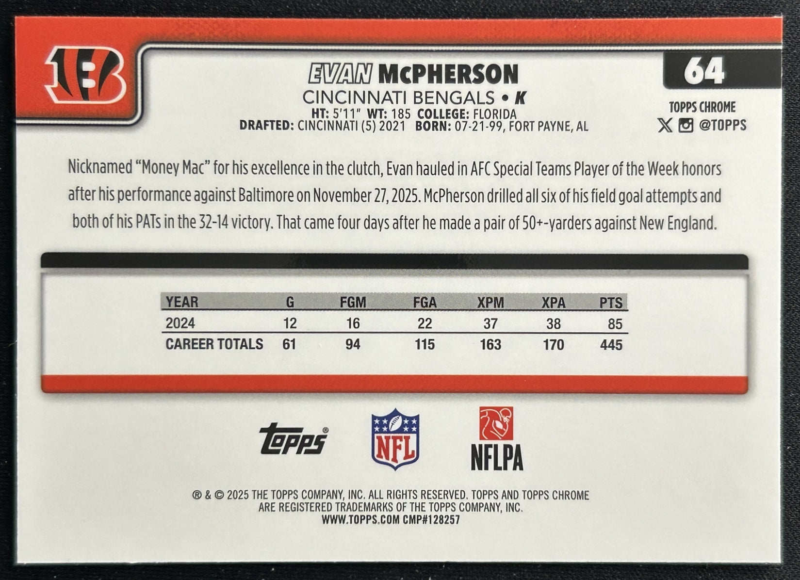 Evan McPherson 2025 Topps Chrome Bengals